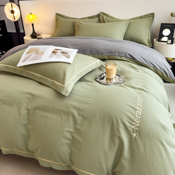 91家纺网 家纺一手货源 找家纺 印季家纺 2025新款绣花一字绣全棉纯棉加厚磨毛四件套 松柏绿-深灰