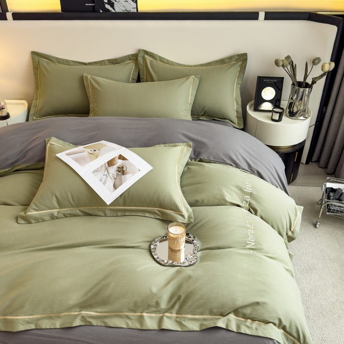 91家纺网 家纺一手货源 找家纺 印季家纺 2025新款绣花一字绣全棉纯棉加厚磨毛四件套 松柏绿-深灰