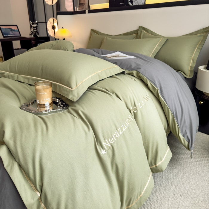 91家纺网 家纺一手货源 找家纺 印季家纺 2025新款绣花一字绣全棉纯棉加厚磨毛四件套 松柏绿-深灰