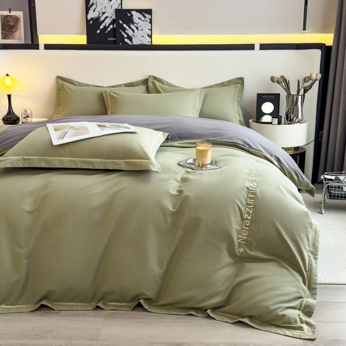 91家纺网 家纺一手货源 找家纺 印季家纺 2025新款绣花一字绣全棉纯棉加厚磨毛四件套 松柏绿-深灰