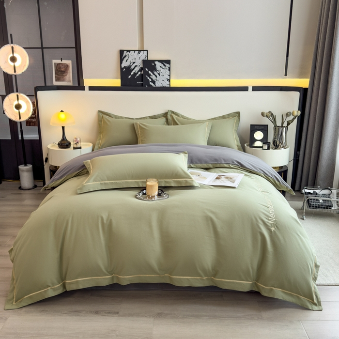 91家纺网 家纺一手货源 找家纺 印季家纺 2025新款绣花一字绣全棉纯棉加厚磨毛四件套 松柏绿-深灰