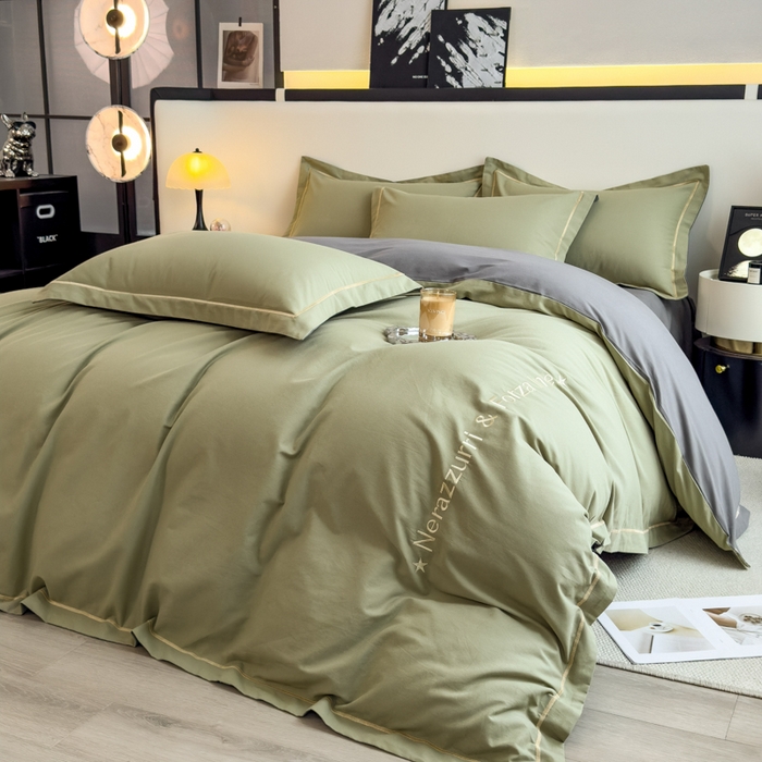 91家纺网 家纺一手货源 找家纺 印季家纺 2025新款绣花一字绣全棉纯棉加厚磨毛四件套 松柏绿-深灰