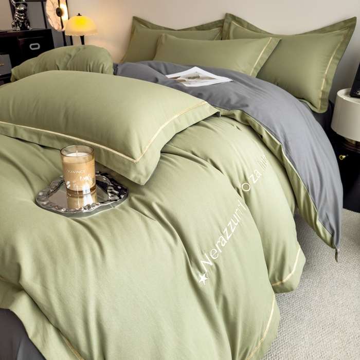 91家纺网 家纺一手货源 找家纺 印季家纺 2025新款绣花一字绣全棉纯棉加厚磨毛四件套 松柏绿-深灰