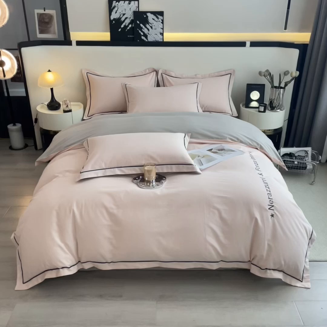 91家纺网 家纺一手货源 找家纺 印季家纺 2025新款绣花一字绣全棉纯棉加厚磨毛四件套 梦幻粉-星空银