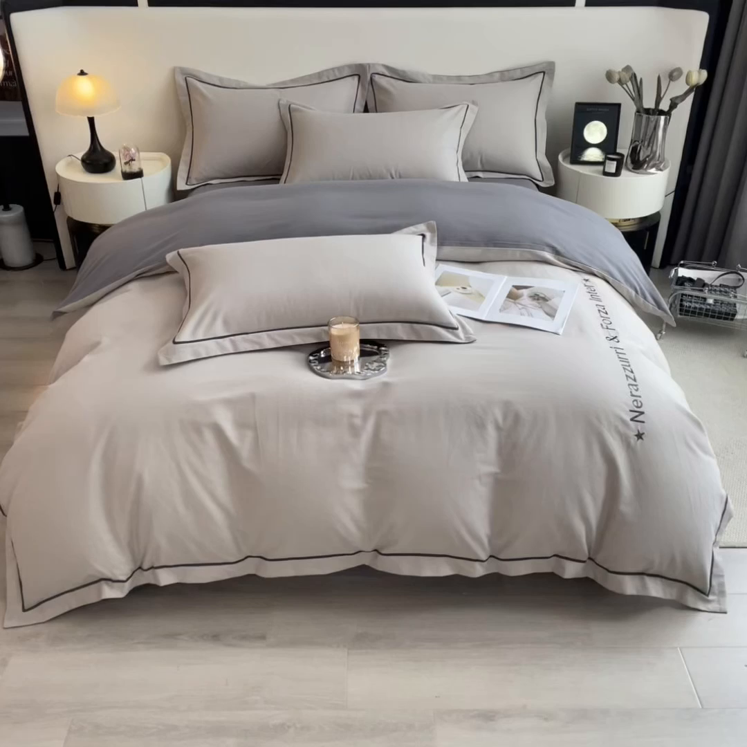 91家纺网 家纺一手货源 找家纺 印季家纺 2025新款绣花一字绣全棉纯棉加厚磨毛四件套 星空银-深灰