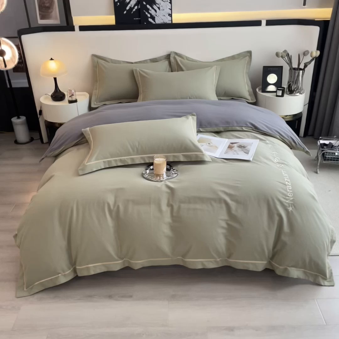 91家纺网 家纺一手货源 找家纺 印季家纺 2025新款绣花一字绣全棉纯棉加厚磨毛四件套 松柏绿-深灰