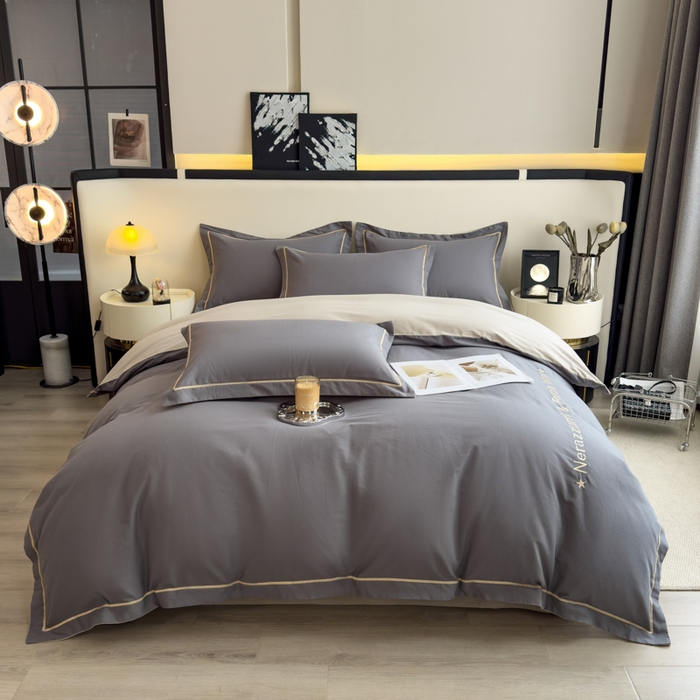 91家纺网 家纺一手货源 找家纺 印季家纺 2025新款绣花一字绣全棉纯棉加厚磨毛四件套 深灰-星空银