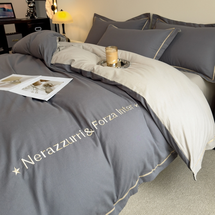 91家纺网 家纺一手货源 找家纺 印季家纺 2025新款绣花一字绣全棉纯棉加厚磨毛四件套 深灰-星空银