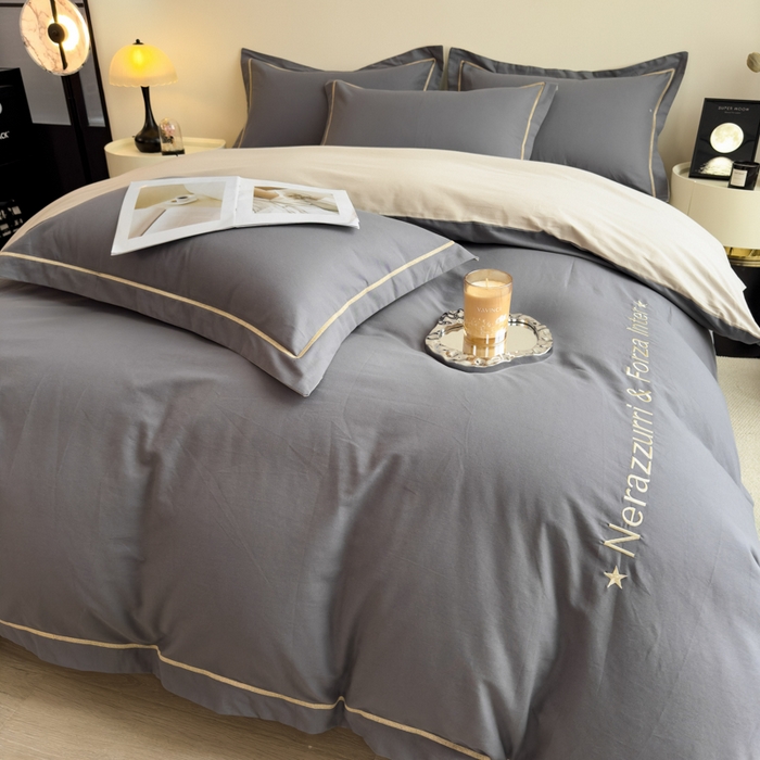 91家纺网 家纺一手货源 找家纺 印季家纺 2025新款绣花一字绣全棉纯棉加厚磨毛四件套 深灰-星空银