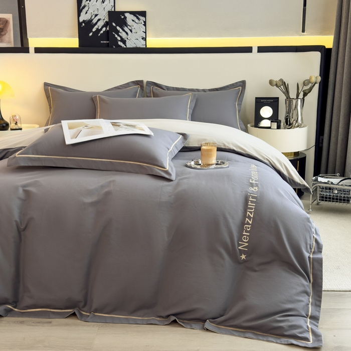 91家纺网 家纺一手货源 找家纺 印季家纺 2025新款绣花一字绣全棉纯棉加厚磨毛四件套 深灰-星空银