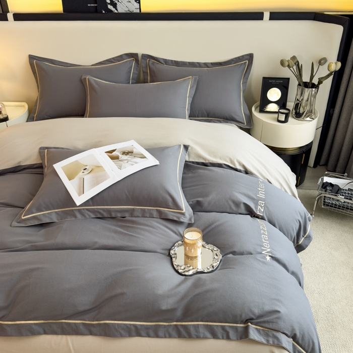 91家纺网 家纺一手货源 找家纺 印季家纺 2025新款绣花一字绣全棉纯棉加厚磨毛四件套 深灰-星空银