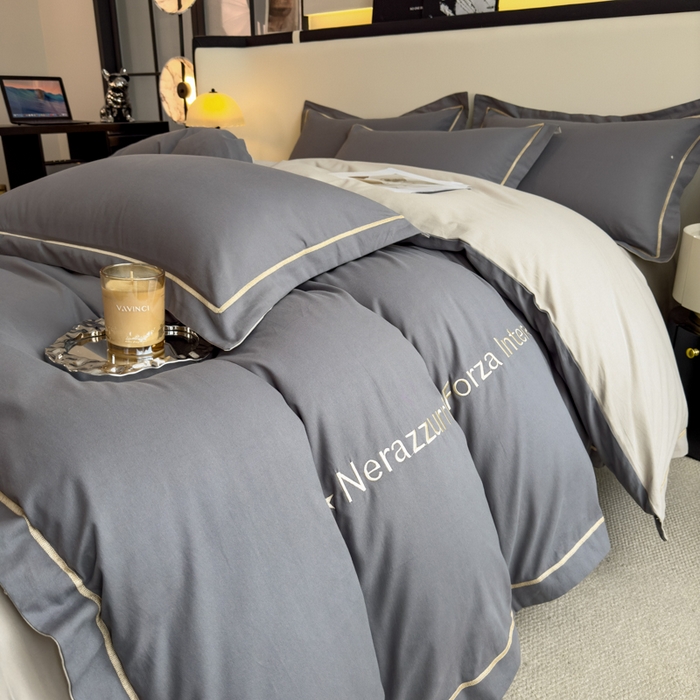 91家纺网 家纺一手货源 找家纺 印季家纺 2025新款绣花一字绣全棉纯棉加厚磨毛四件套 深灰-星空银