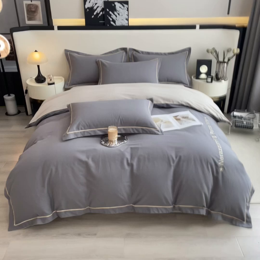 91家纺网 家纺一手货源 找家纺 印季家纺 2025新款绣花一字绣全棉纯棉加厚磨毛四件套 深灰-星空银