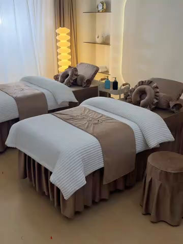 91家纺网 家纺一手货源 找家纺 诗薇娅 2025新款加厚兔毛绒美容床罩  美容床罩四件套 白+咖色