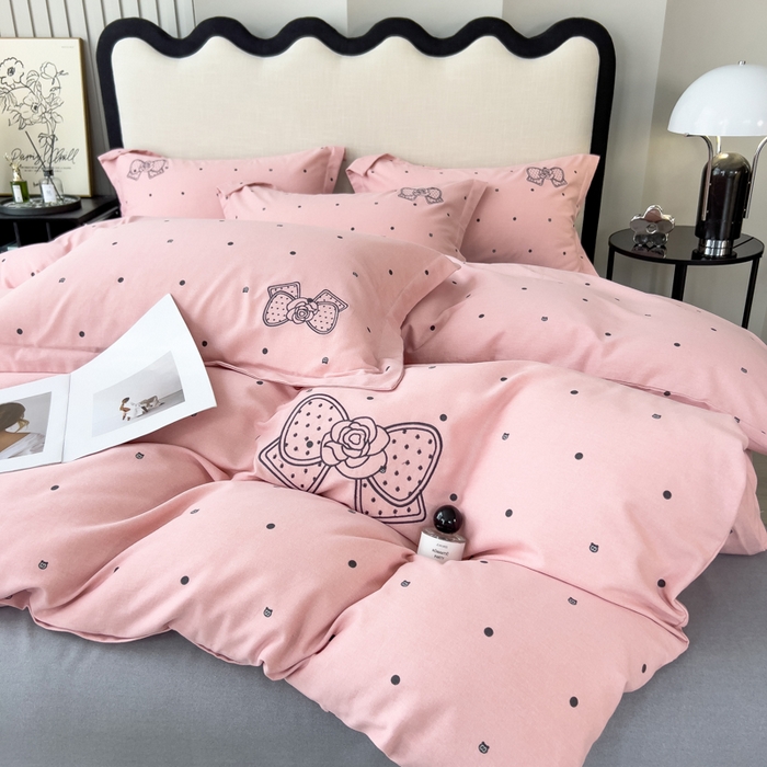 印季家纺 2025新款全棉纯棉波点蝴蝶结绣花混纺磨毛四件套 优雅粉-灰