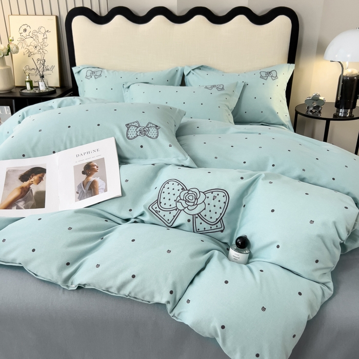 印季家纺 2025新款全棉纯棉波点蝴蝶结绣花混纺磨毛四件套 星河兰-灰