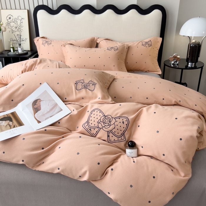 印季家纺 2025新款全棉纯棉波点蝴蝶结绣花混纺磨毛四件套 香奈粉-灰