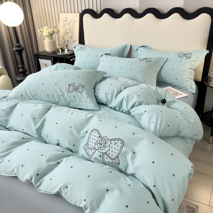 91家纺网 家纺一手货源 找家纺 印季家纺 2025新款全棉纯棉波点蝴蝶结绣花混纺磨毛四件套 星河兰-灰