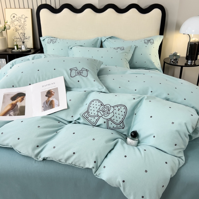 印季家纺 2025新款全棉纯棉波点蝴蝶结绣花混纺磨毛四件套 星河兰