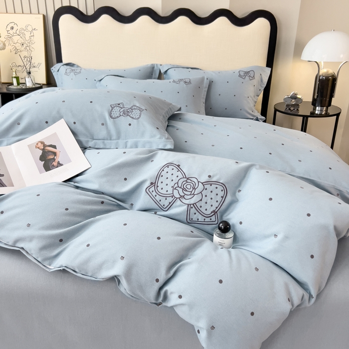 印季家纺 2025新款全棉纯棉波点蝴蝶结绣花混纺磨毛四件套 螺甸青-灰