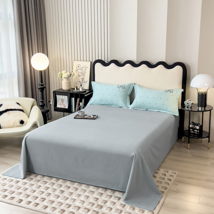 91家纺网 家纺一手货源 找家纺 印季家纺 2025新款全棉纯棉波点蝴蝶结绣花混纺磨毛四件套 星河兰-灰