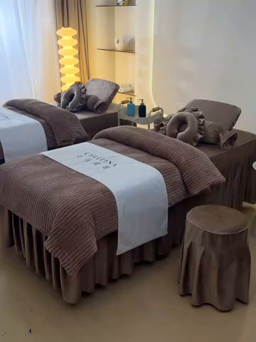 91家纺网 家纺一手货源 找家纺 诗薇娅 2025新款加厚兔毛绒美容床罩  美容床罩四件套 卡其