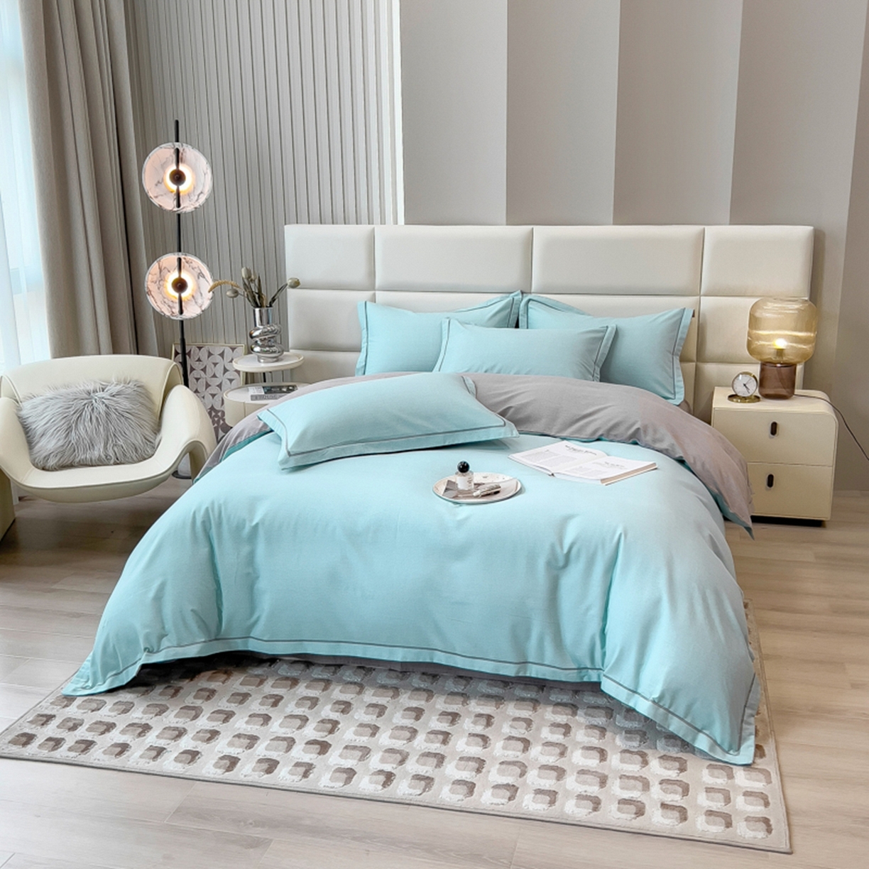 91家纺网 家纺一手货源 找家纺 印季家纺 2025新款纯色磨毛混纺一字绣四件套 天蓝-浅灰