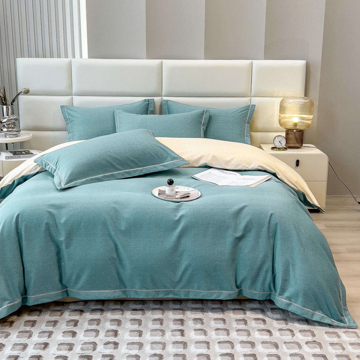 印季家纺 2025新款纯色磨毛混纺一字绣四件套 欧陆蓝-奶白