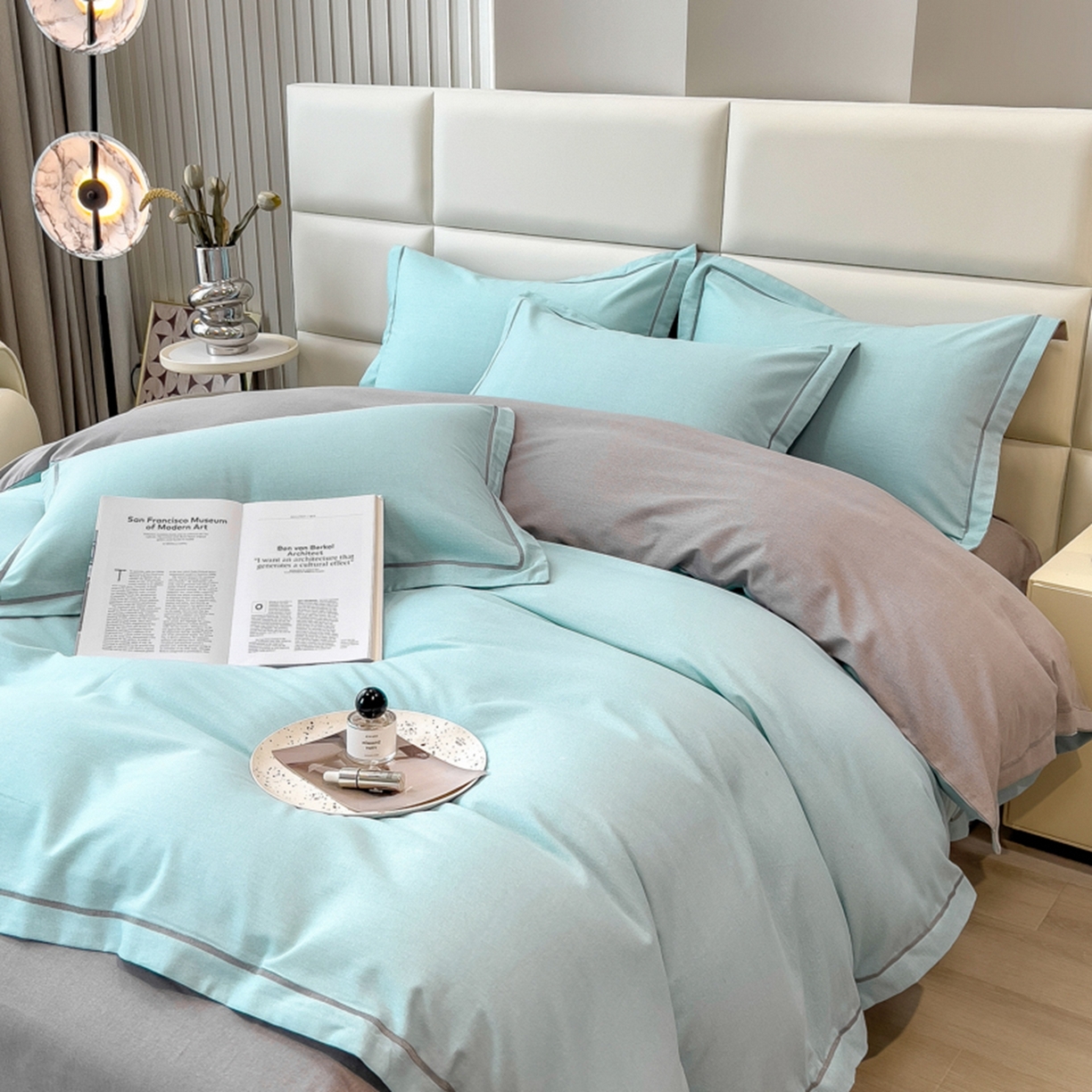 91家纺网 家纺一手货源 找家纺 印季家纺 2025新款纯色磨毛混纺一字绣四件套 天蓝-浅灰