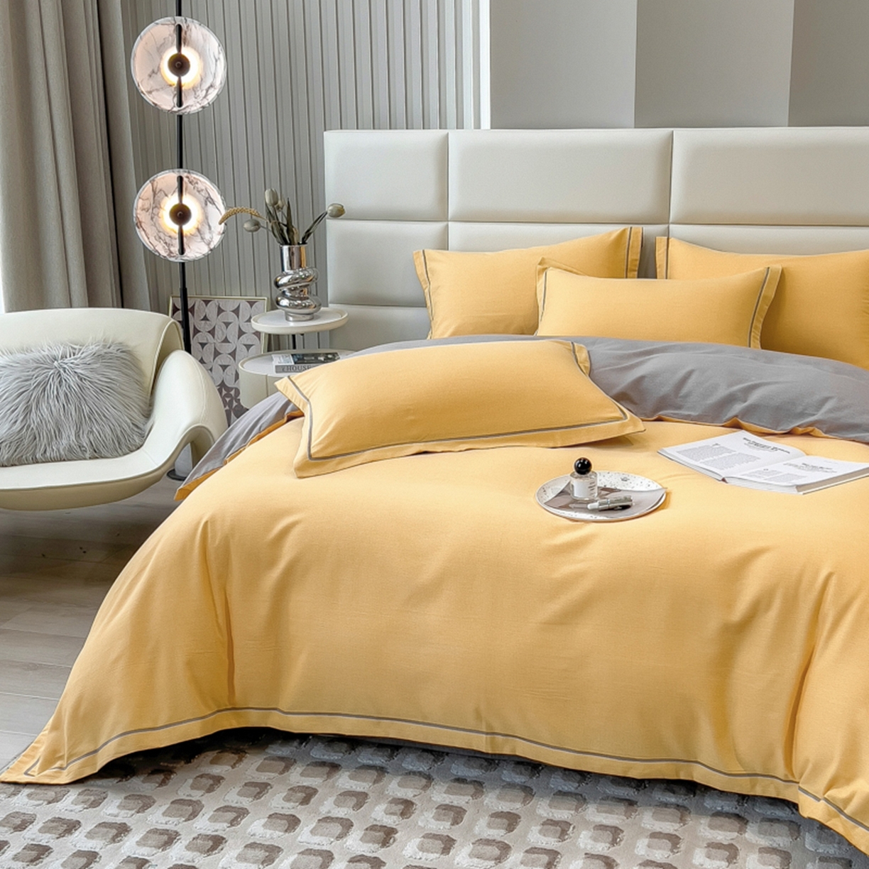 91家纺网 家纺一手货源 找家纺 印季家纺 2025新款纯色磨毛混纺一字绣四件套 亮黄-浅灰