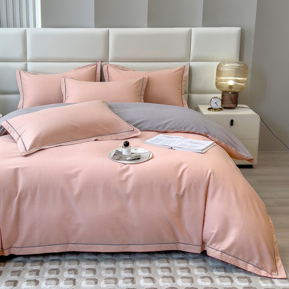 印季家纺 2025新款纯色磨毛混纺一字绣四件套 豆沙-浅灰