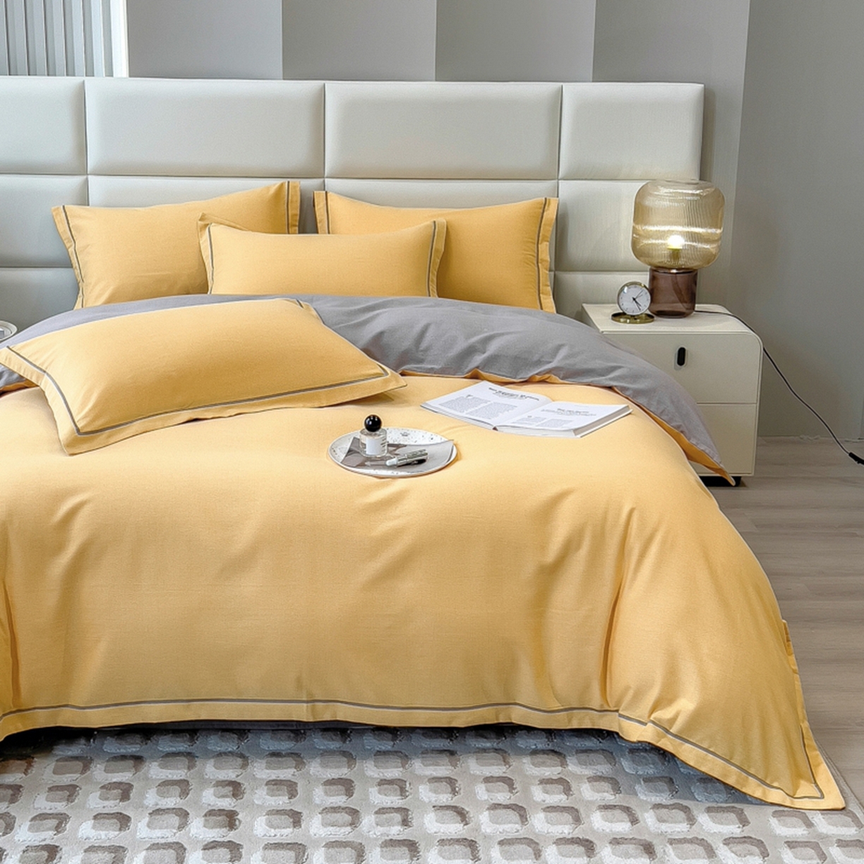 印季家纺 2025新款纯色磨毛混纺一字绣四件套 亮黄-浅灰