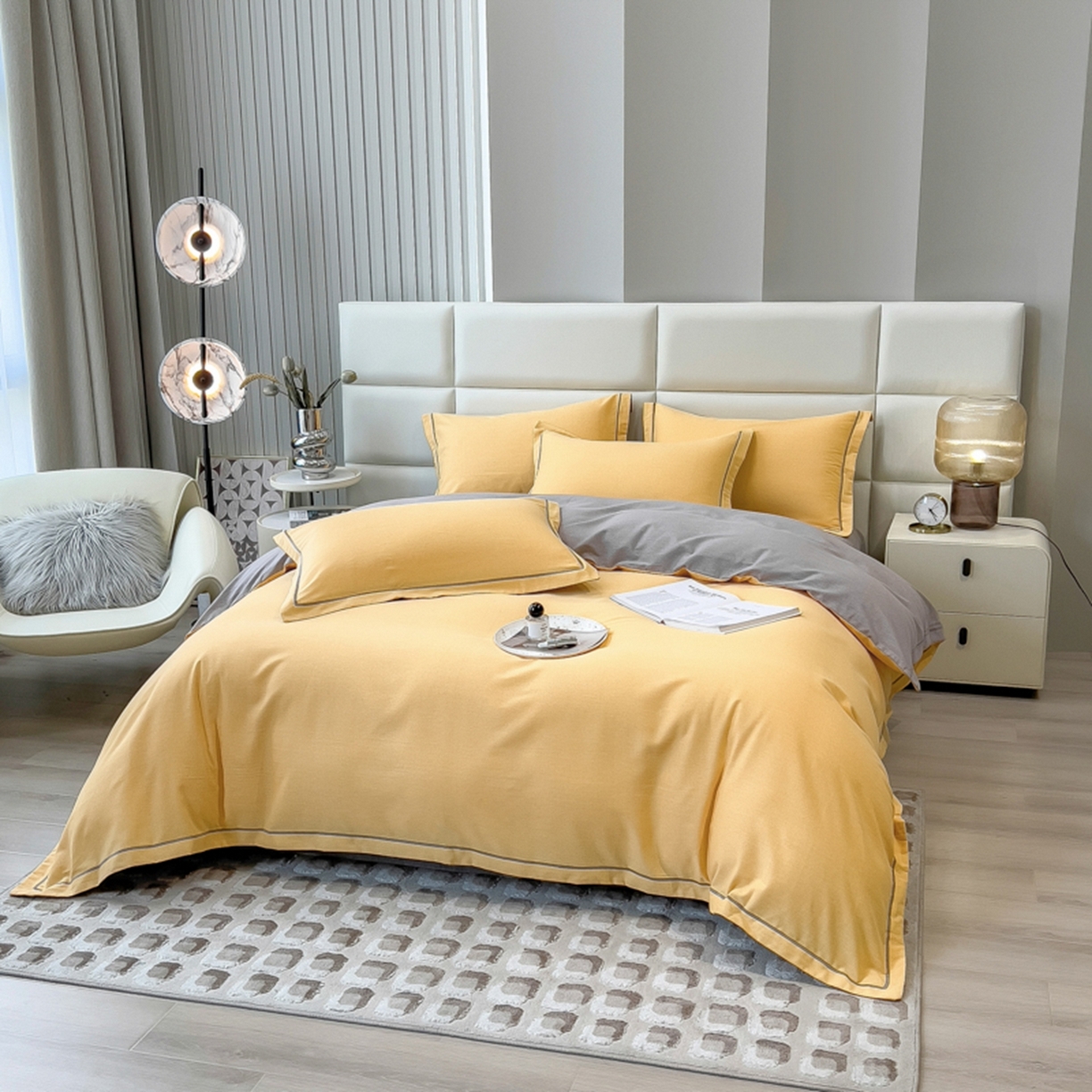 91家纺网 家纺一手货源 找家纺 印季家纺 2025新款纯色磨毛混纺一字绣四件套 亮黄-浅灰