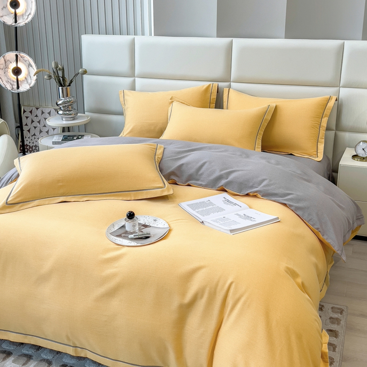 91家纺网 家纺一手货源 找家纺 印季家纺 2025新款纯色磨毛混纺一字绣四件套 亮黄-浅灰