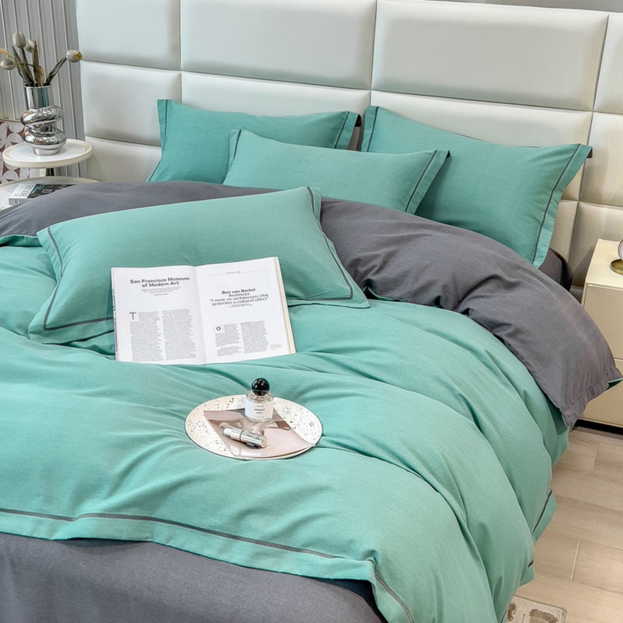 91家纺网 家纺一手货源 找家纺 印季家纺 2025新款纯色磨毛混纺一字绣四件套 水绿-深灰