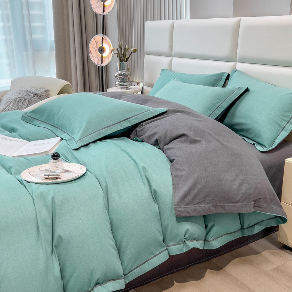 91家纺网 家纺一手货源 找家纺 印季家纺 2025新款纯色磨毛混纺一字绣四件套 水绿-深灰