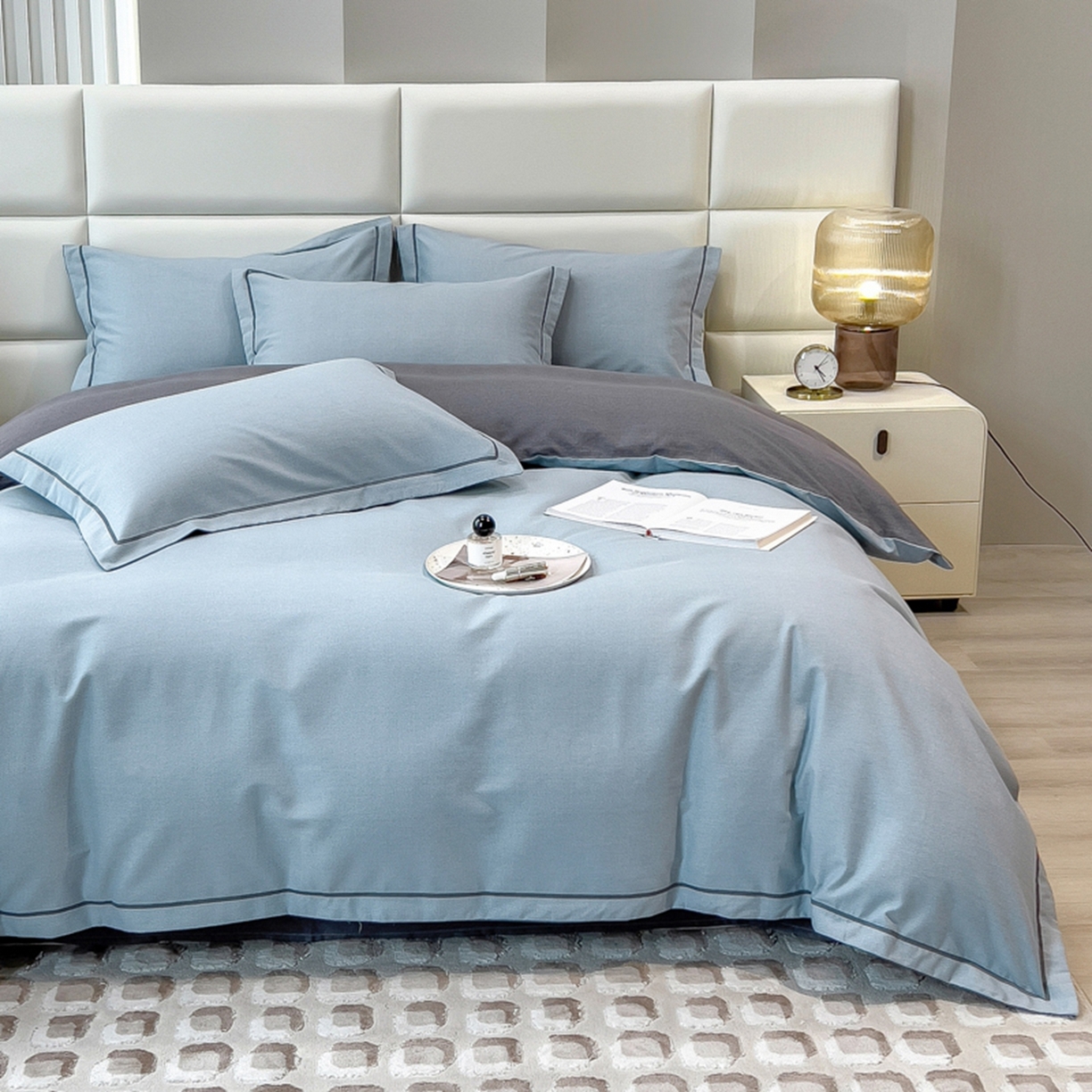 印季家纺 2025新款纯色磨毛混纺一字绣四件套 灰蓝-深灰