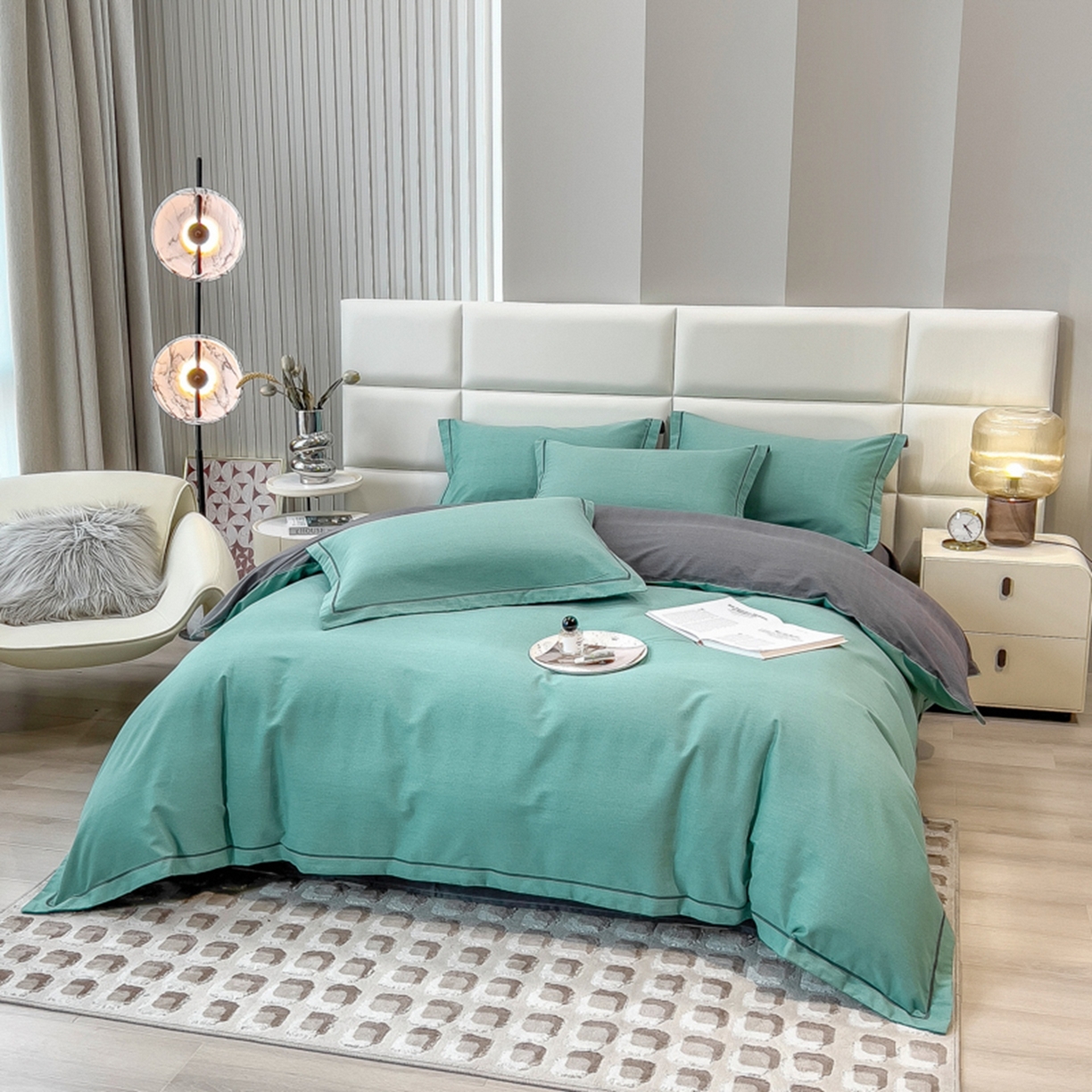 91家纺网 家纺一手货源 找家纺 印季家纺 2025新款纯色磨毛混纺一字绣四件套 水绿-深灰