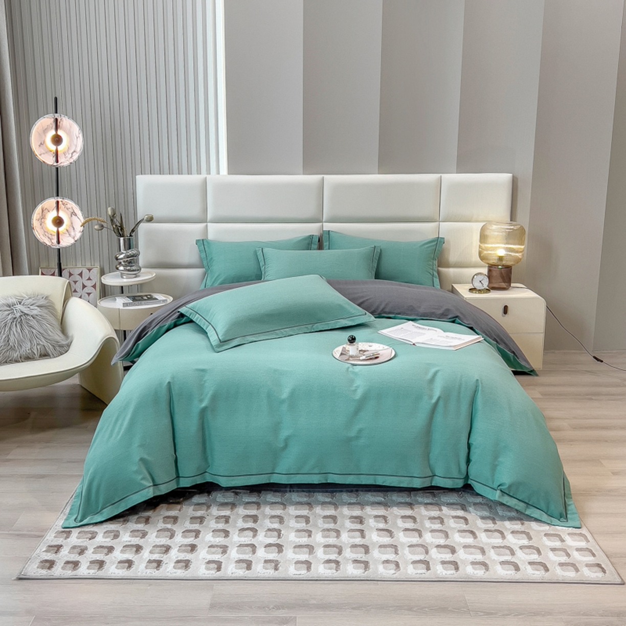 91家纺网 家纺一手货源 找家纺 印季家纺 2025新款纯色磨毛混纺一字绣四件套 水绿-深灰