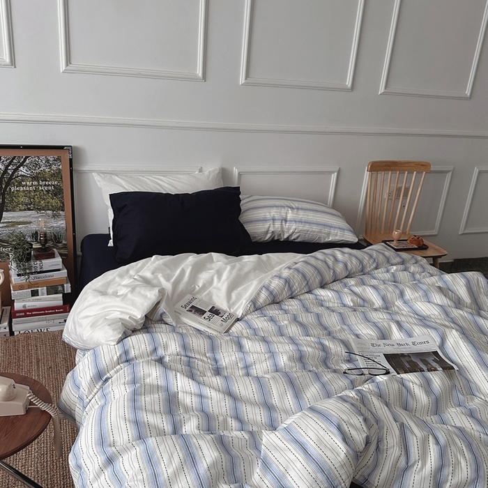 91家纺网 家纺一手货源 找家纺 柚可家居 2025新款40支色织全棉纯棉四件套 冰岛叙事（会员-5元） 冰岛叙事（枕套白色+藏蓝）