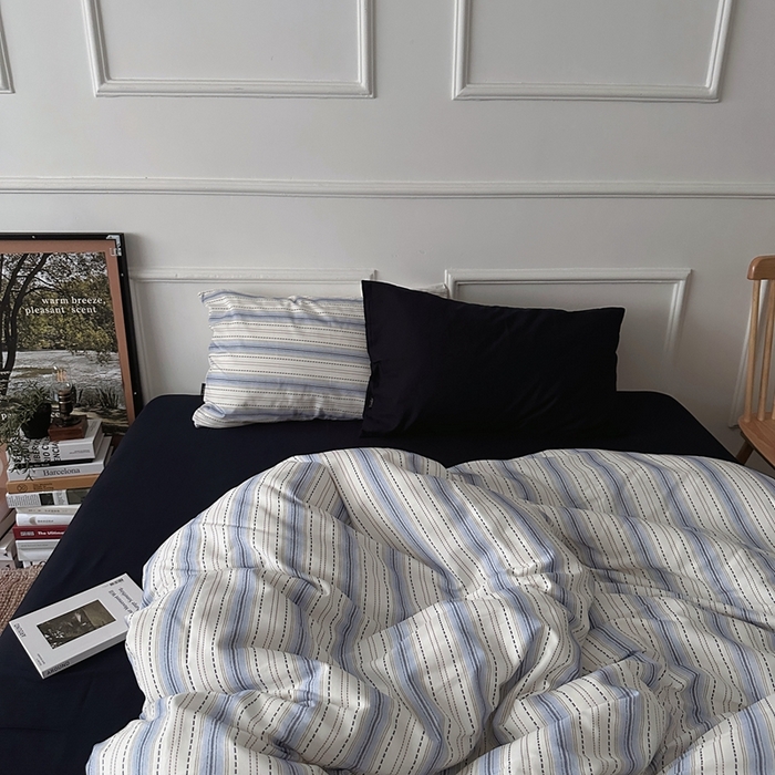 柚可家居 2025新款40支色织全棉纯棉四件套 冰岛叙事（会员-5元） 冰岛叙事（枕套条纹+藏蓝）