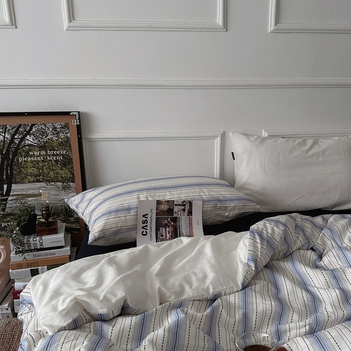 91家纺网 家纺一手货源 找家纺 柚可家居 2025新款40支色织全棉纯棉四件套 冰岛叙事（会员-5元） 冰岛叙事（枕套条纹+藏蓝）