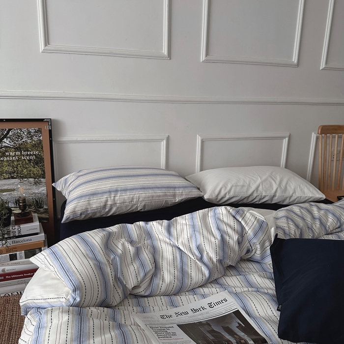 91家纺网 家纺一手货源 找家纺 柚可家居 2025新款40支色织全棉纯棉四件套 冰岛叙事（会员-5元） 冰岛叙事（枕套条纹+白色）