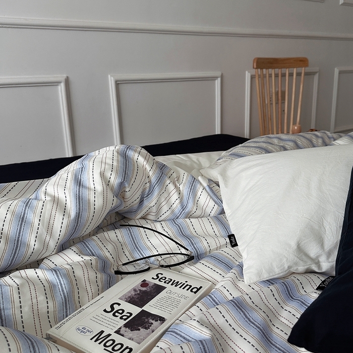 91家纺网 家纺一手货源 找家纺 柚可家居 2025新款40支色织全棉纯棉四件套 冰岛叙事（会员-5元） 冰岛叙事（枕套条纹）