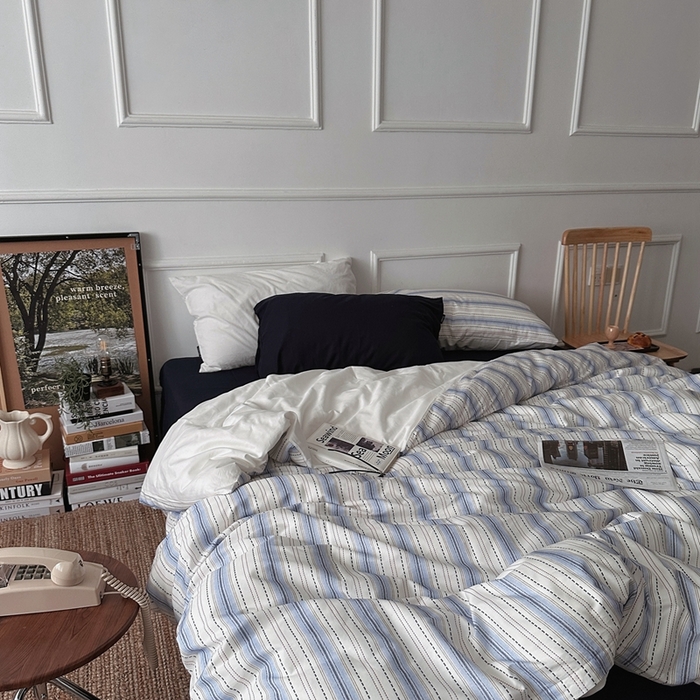 91家纺网 家纺一手货源 找家纺 柚可家居 2025新款40支色织全棉纯棉四件套 冰岛叙事（会员-5元） 冰岛叙事（枕套条纹）