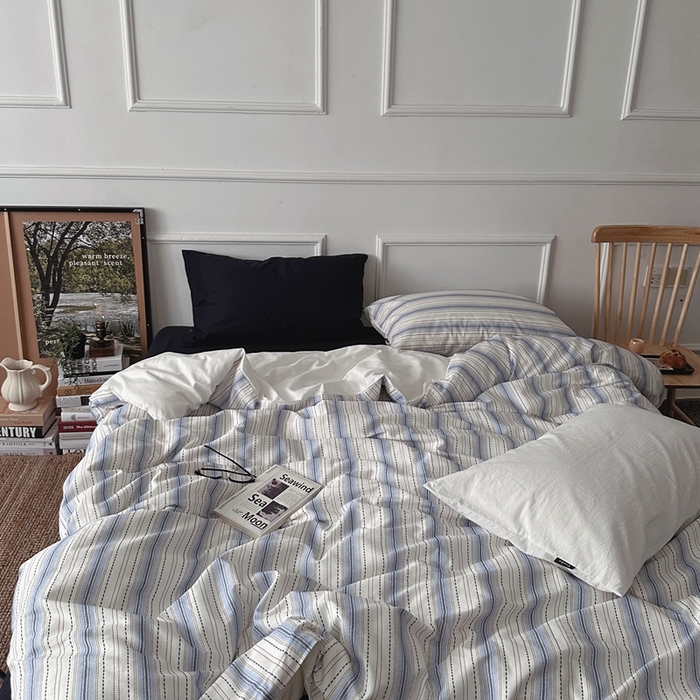 91家纺网 家纺一手货源 找家纺 柚可家居 2025新款40支色织全棉纯棉四件套 冰岛叙事（会员-5元） 冰岛叙事（枕套条纹+白色）