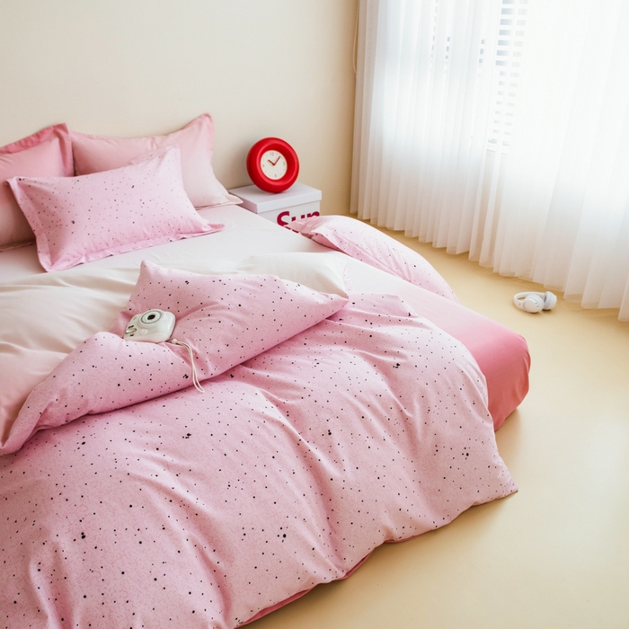 91家纺网 家纺一手货源 找家纺 印季家纺 2025新款全棉纯棉加厚混纺磨毛淡墨痕四件套 淡墨痕-粉