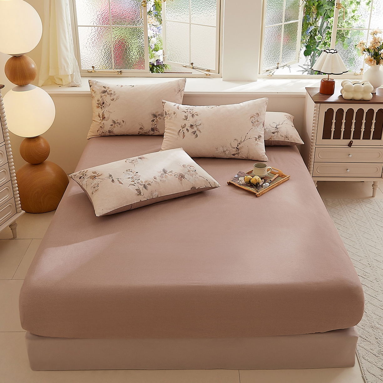 91家纺网 家纺一手货源 找家纺 DoDo 兜兜 2026新款全棉纯棉磨毛印花单床笠 床笠单件 B版布莱垦棕纹理-花蔓