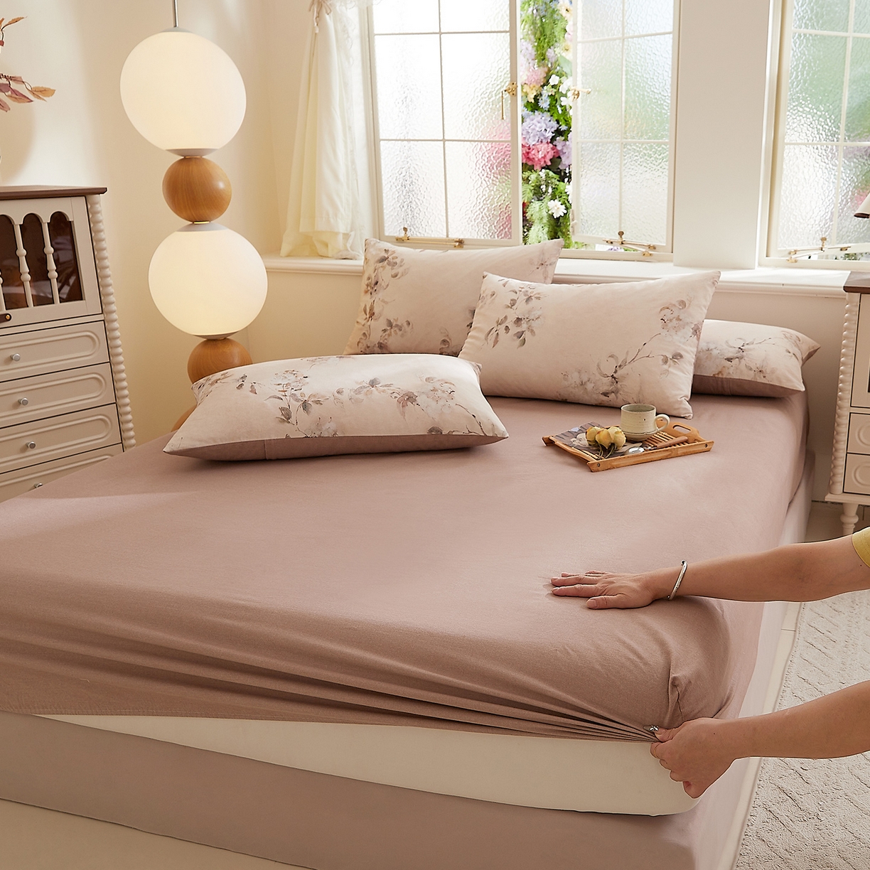 91家纺网 家纺一手货源 找家纺 DoDo 兜兜 2026新款全棉纯棉磨毛印花单床笠 床笠单件 B版布莱垦棕纹理-花蔓