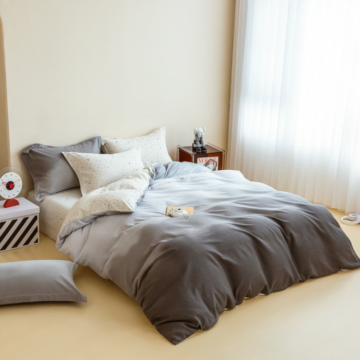 91家纺网 家纺一手货源 找家纺 印季家纺 2025新款全棉纯棉加厚渐变混纺磨毛四件套-过江寒 过江寒-灰